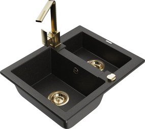 Mexen Carlos chiuvetă de granit cu 1,5 compartimente cu baterie de bucătărie Rita, negru/auriu metalizat - 6518-75-670300-50
