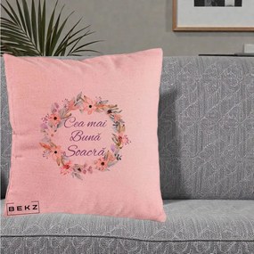 Cadou pentru Soacra - Perna Personalizata Cea mai Buna Soacra cu Coronita Flori Boho Pastel, 40x40 cm, Roz, Husa Detasabila, Perna Inclusa, BEKZ®