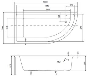 Cada baie asimetrica, acril, 140 x 70 cm, orientare stanga, Besco Praktika Stanga, 1400x700 mm