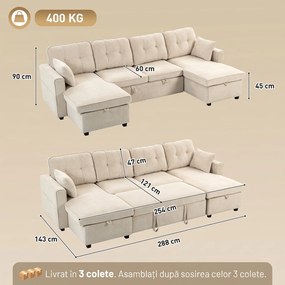HOMCOM Colțar extensibil mare în formă de U, cu 2 șezlonguri, spații de depozitare și 2 perne, din șenilă, bej | Aosom Romania