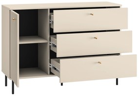 Comodă Jamuzi 120 cm cu ușă simplă și cu trei sertare, cu partea frontală canelat - cașmir / picioare negre