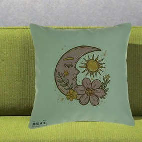 Perna Personalizata Luna si Soare Floral Boho, 40x40 cm, Verde, Husa Detasabila, Perna Inclusa, BEKZ®