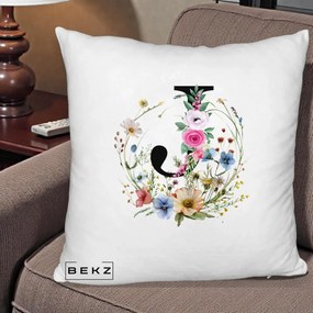 Cadou Personalizat - Perna Personalizata Monogram Litera J cu Flori Acuarela, 40x40 cm, Alb Pufos, Husa Detasabila, Perna Inclusa, BEKZ®