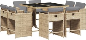 vidaXL Set de masă pentru grădină, 9 piese, cu perne, bej, poliratan