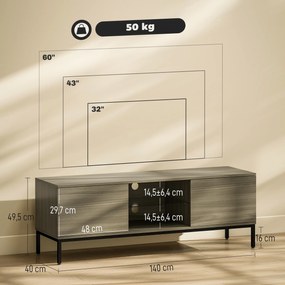 HOMCOM Meuble TV meuble télé pentru televizoare de până la 60 de inch cu 2 uși și raft din sticlă ajustabil 140x40x49,5cm gri | Aosom Romania