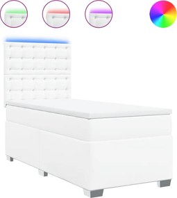 vidaXL Pat box spring cu saltea, alb, 90x200 cm, piele ecologică