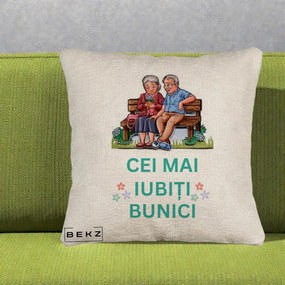 Cadou pentru Bunici - Perna Personalizata Cei Mai Iubiti Bunici Cuplu pe Banca Ilustratie, 40x40 cm, Bej Canapea, Husa Detasabila, Perna Inclusa, BEKZ®