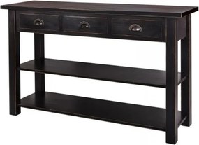 Consolă hol vintage din lemn de pin, negru, cu 3 sertare, 2 rafturi și mânere semirotunde din metal, 90 x 146 x 47 cm, „Paris”