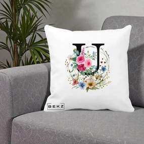Cadou Personalizat - Perna Personalizata Monogram Litera U cu Flori Acuarela, 40x40 cm, Alba Mata, Husa Detasabila, Perna Inclusa, BEKZ®