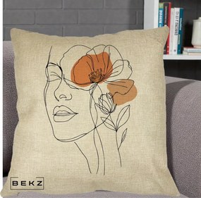 Perna Decorativa Portret Feminin Mac Profilat, 40x40 cm, Crem, Husa Detasabila, Perna Inclusa, BEKZ®