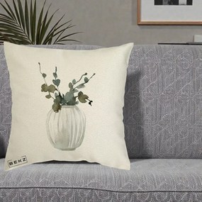 Perna Decorativa Vaza cu Eucalipt Watercolor, 40x40 cm, Ecru, Husa Detasabila, Perna Inclusa, BEKZ®