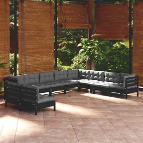 3096843 vidaXL Set mobilier de grădină cu perne 10 piese negru lemn masiv pin