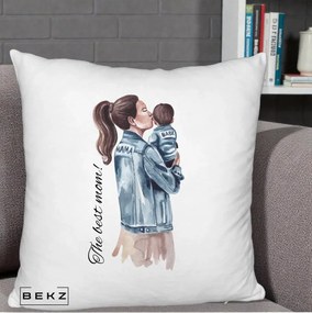 Cadou pentru Mama - Perna Personalizata The Best Mom Jachete, 40x40 cm, Alb Pufos, Husa Detasabila, Perna Inclusa, BEKZ®