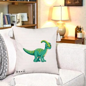 Perna Decorativa Parasaur Verde, 40x40 cm, Bej cu Franjuri, Husa Detasabila, Perna Inclusa, BEKZ®