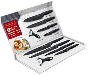 Set cutite in cutie magnetica Royalty Line RL MB4, 5 piese, Decojitor, Acoperire marmura, Maner gumat, Negru