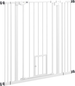 PawHut Poartă Reglabilă pentru Câini Înaltă cu Ușă Mică și Închidere Automată, 74-101x104cm, Alb | Aosom Romania