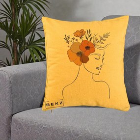 Perna Decorativa Portret Feminin Flori Galbene-Portocalii, 40x40 cm, Galben, Husa Detasabila, Perna Inclusa, BEKZ®