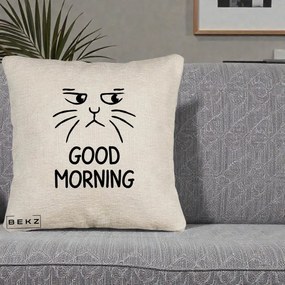 Perna Decorativa Pisica Morocanoasa Good Morning, 40x40 cm, Bej Canapea, Husa Detasabila, Perna Inclusa, BEKZ®