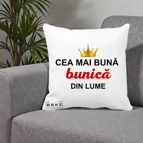 Cadou pentru Bunica - Perna Personalizata Cea Mai Buna Bunica Din Lume Coroana Aurie, 40x40 cm, Alba Mata, Husa Detasabila, Perna Inclusa, BEKZ®