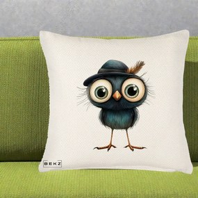 Perna Decorativa Pui Misterios cu Palarie Neagra, 40x40 cm, Crem Reliefat, Husa Detasabila, Perna Inclusa, BEKZ®