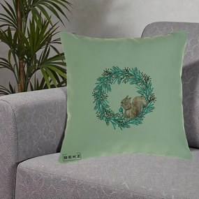 Perna Decorativa Coroana Turcoaz cu Veverita, 40x40 cm, Verde, Husa Detasabila, Perna Inclusa, BEKZ®