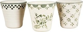 Cană din ceramică artizanală, natur, cu motive florale pictate manual verde și bordură decorativă, fără mâner, 10×10 cm, „Marion"
