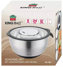 Bol multifunctional pentru salata Kinghoff KH 1861, 24 cm, 5 L, 3 razatori, Anti-alunecare, Inox / Negru