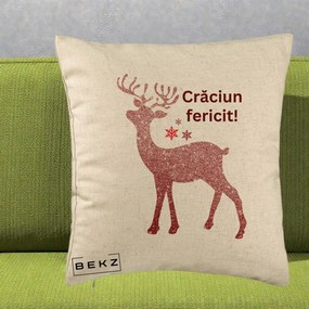 Perna Decorativa Ren Sclipitor Glitter Craciun Fericit, 40x40 cm, Bej, Husa Detasabila, Perna Inclusa, BEKZ®