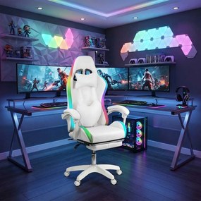 Scaun ergonomic gaming alb cu piele ecologică cu lumini LED RGB OFF 298
