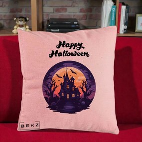 Perna Decorativa Happy Halloween Casa Bantuita Violet, 40x40 cm, Roz, Husa Detasabila, Perna Inclusa, BEKZ®