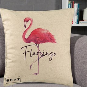 Perna Decorativa Flamingo Acuarela, 40x40 cm, Bej, Husa Detasabila, Perna Inclusa, BEKZ®