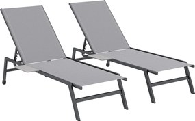 Outsunny Set 2 Șezlonguri Reglabile în 5 Poziții cu Măsuță Laterală și 2 Roți, din Metal și Poliester, Gri | Aosom Romania