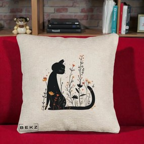 Perna Decorativa Pisica Neagra Flori Portocalii Silueta, 40x40 cm, Bej Canapea, Husa Detasabila, Perna Inclusa, BEKZ®