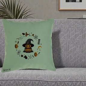 Perna Decorativa Halloween Dovleac Vrajitor Boo cu Simboluri, 40x40 cm, Verde, Husa Detasabila, Perna Inclusa, BEKZ®