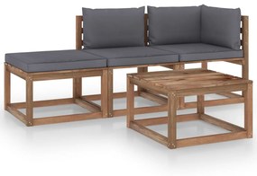 Set mobilier gradina paleti, cu perne, 4 piese, lemn pin tratat Antracit, colt + mijloc + suport pentru picioare + masa, 1