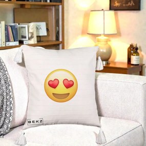 Perna Decorativa Emoji Inimi in Ochi, 40x40 cm, Bej cu Franjuri, Husa Detasabila, Perna Inclusa, BEKZ®