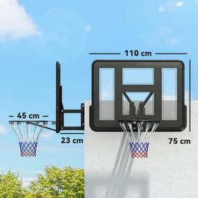 SPORTNOW Coș de baschet de perete pentru exterior 110 x 75 cm, panou rezistent la spargere, inel Ø45 cm, negru | Aosom Romania