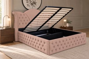 Pat tapițat Chesterfield din catifea Velora Deluxe 140×200 cm, cappuccino, cu ladă de depozitare