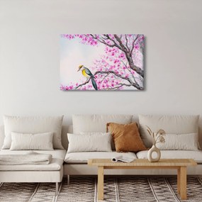 Tablou - Pasăre pe un copac cu flori roz (90x60 cm)
