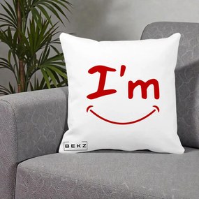 Perna Decorativa I'm Happy Smile, 40x40 cm, Alba Mata, Husa Detasabila, Perna Inclusa, BEKZ®