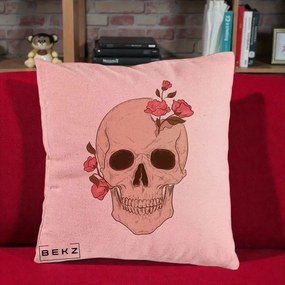 Perna Decorativa Craniu Floral Gothic, 40x40 cm, Roz, Husa Detasabila, Perna Inclusa, BEKZ®