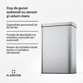 Klarstein Coș de gunoi fără atingere, cu senzor, 60 l, din oțel inoxidabil, închidere ușoară, cu baterii, afișaj LED, temporizator
