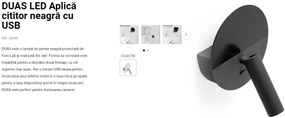 Aplica cu reader LED minimalista cu USB charger DUAS Black