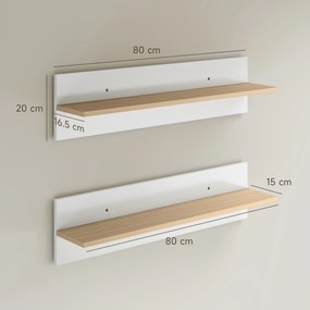 HOMCOM Set 2 Rafturi de Perete pentru Casă și Birou, Rafturi din Lemn pentru Bucătărie și Living, 80x16.5x20 cm, Alb și Lemn Natural | Aosom Romania