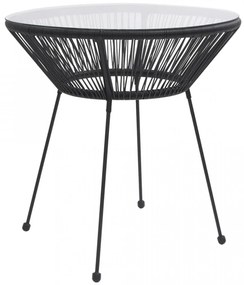Masă de grădină, negru, Ø70x74 cm, sticlă și ratan