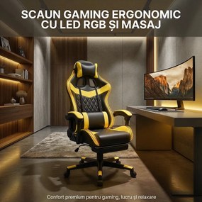 Scaun gaming, sistem iluminare bandă LED RGB, masaj în perna lombară, suport picioare, Negru/Galben