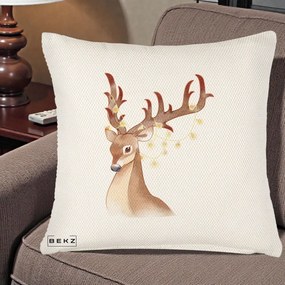 Perna Decorativa Ren cu Luminite de Craciun, 40x40 cm, Crem Reliefat, Husa Detasabila, Perna Inclusa, BEKZ®