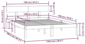 Cadru de pat UK mic dublu, gri, 120x190 cm, lemn masiv de pin Gri, 120 x 190 cm