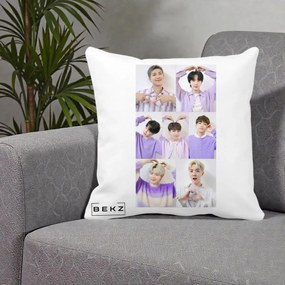 Perna Personalizata K-pop BTS Colaj 7 Portrete cu Inimi Lila, 40x40 cm, Alba Mata, Husa Detasabila, Perna Inclusa, BEKZ®