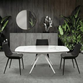 MASA OVALA EXTENSIBILA -STICLA CERAMICA CU PICIOR METALIC - ALB